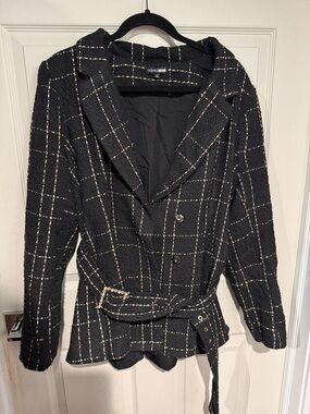 Fashion Nova Black Windowpane Belted Tweed Blazer and Pants